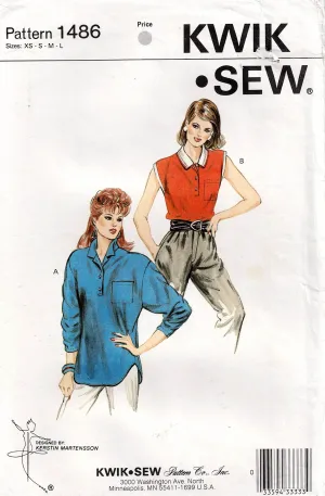 Kwik Sew 1486 Womens Stretch Pullover Tab Front Shirts 1980s Vintage Sewing Pattern Size XS - L UNCUT Factory Folded