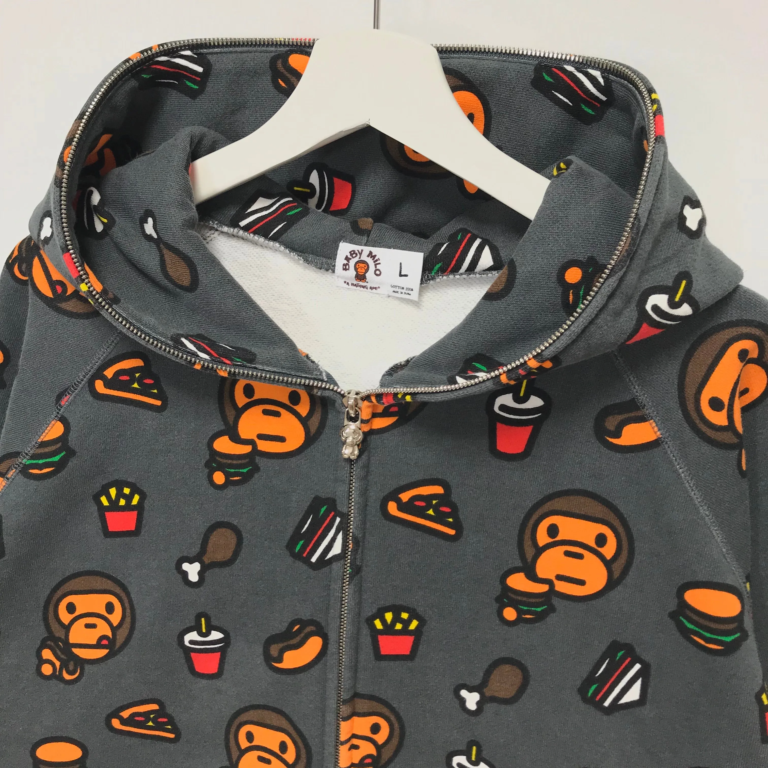 [L] A Bathing Ape Bape Baby Milo Junk Fool Allover Print Full Zip Hoodie Grey