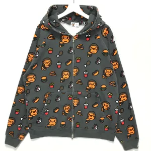 [L] A Bathing Ape Bape Baby Milo Junk Fool Allover Print Full Zip Hoodie Grey