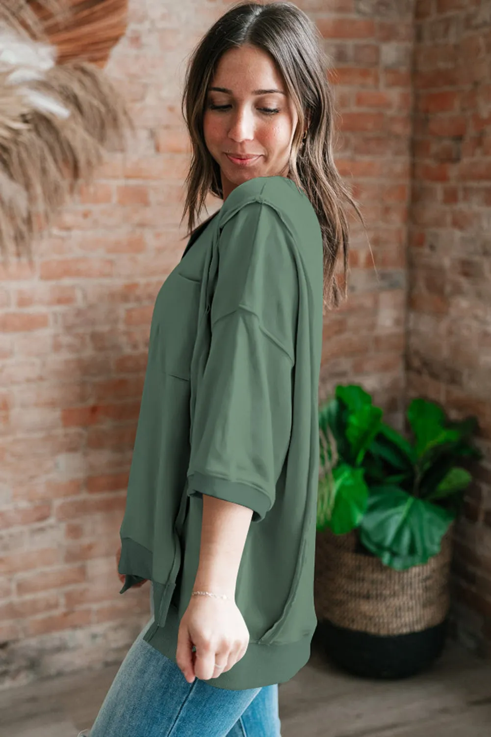 Laurel Green Exposed Seam Chest Pocket Split Loose T Shirt