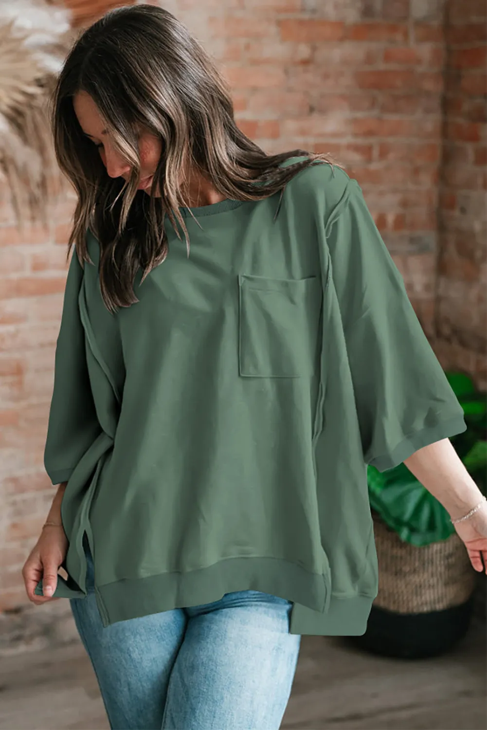 Laurel Green Exposed Seam Chest Pocket Split Loose T Shirt