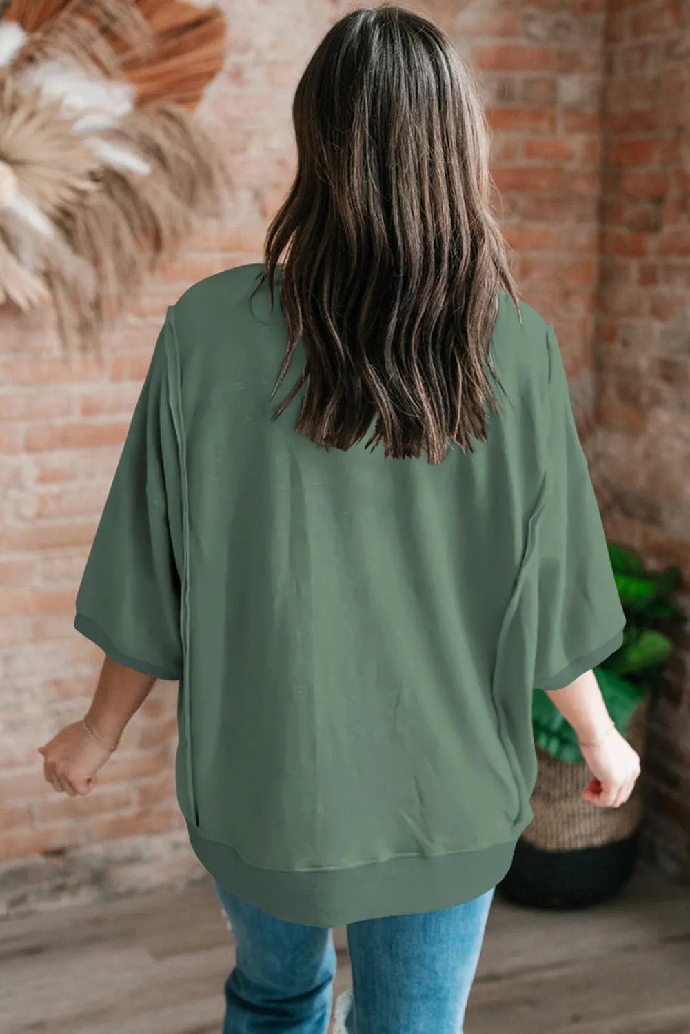 Laurel Green Exposed Seam Chest Pocket Split Loose T Shirt