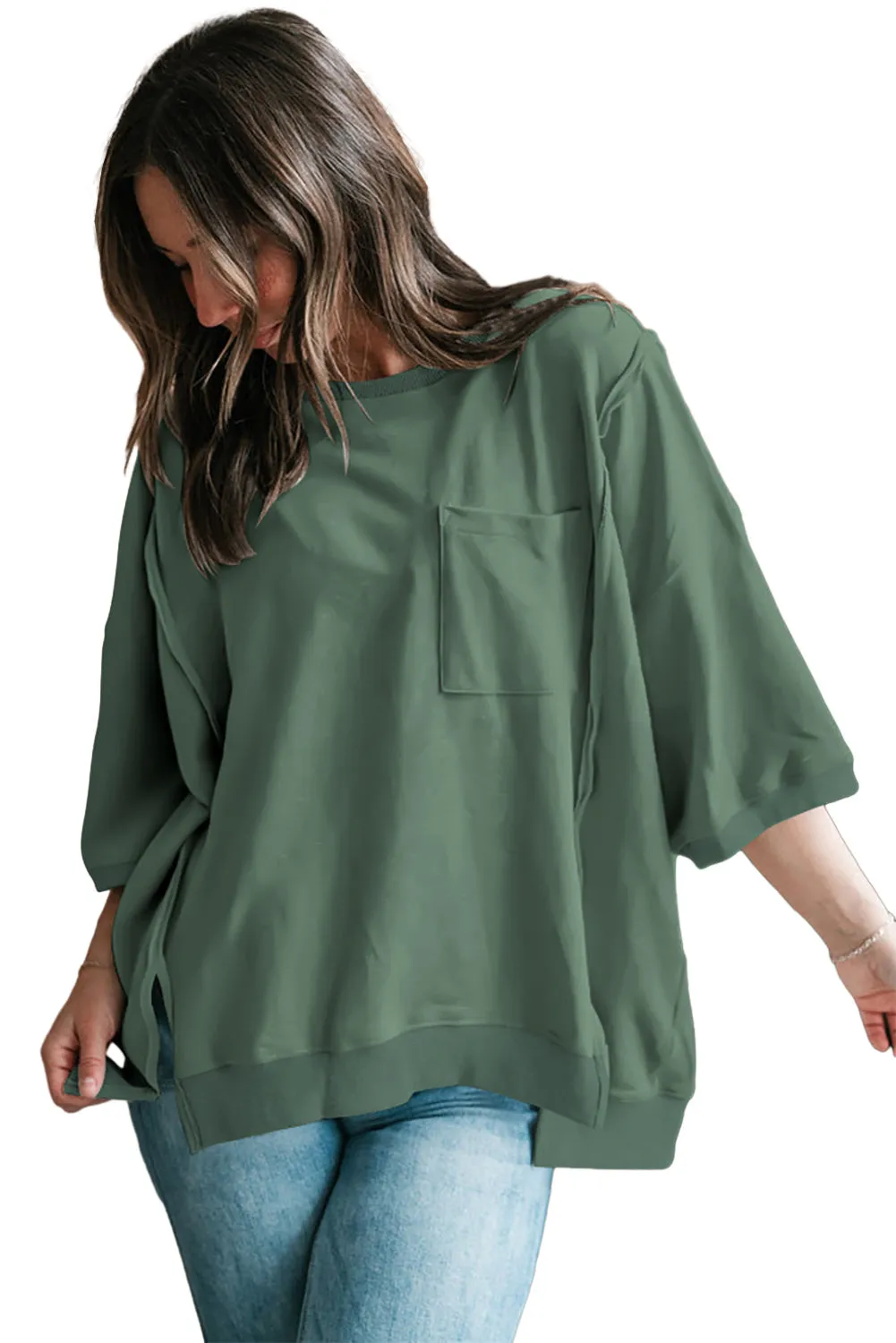 Laurel Green Exposed Seam Chest Pocket Split Loose T Shirt