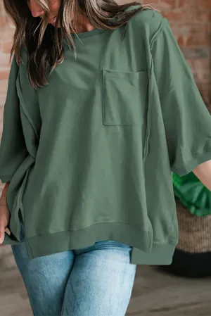 Laurel Green Exposed Seam Chest Pocket Split Loose T Shirt
