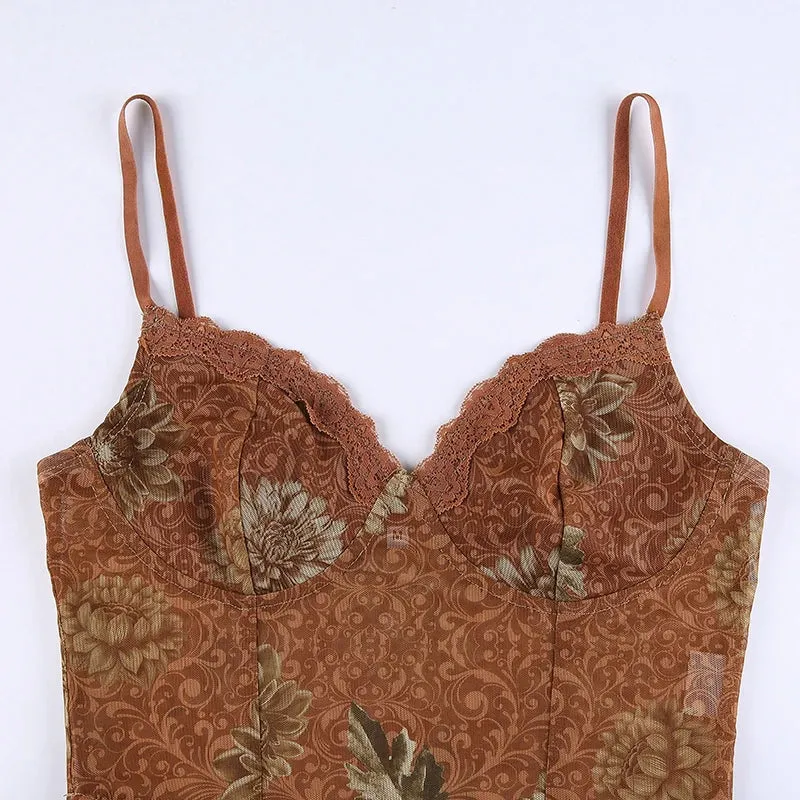 Leaves Printed Lace Patchwork Mesh Crop Top