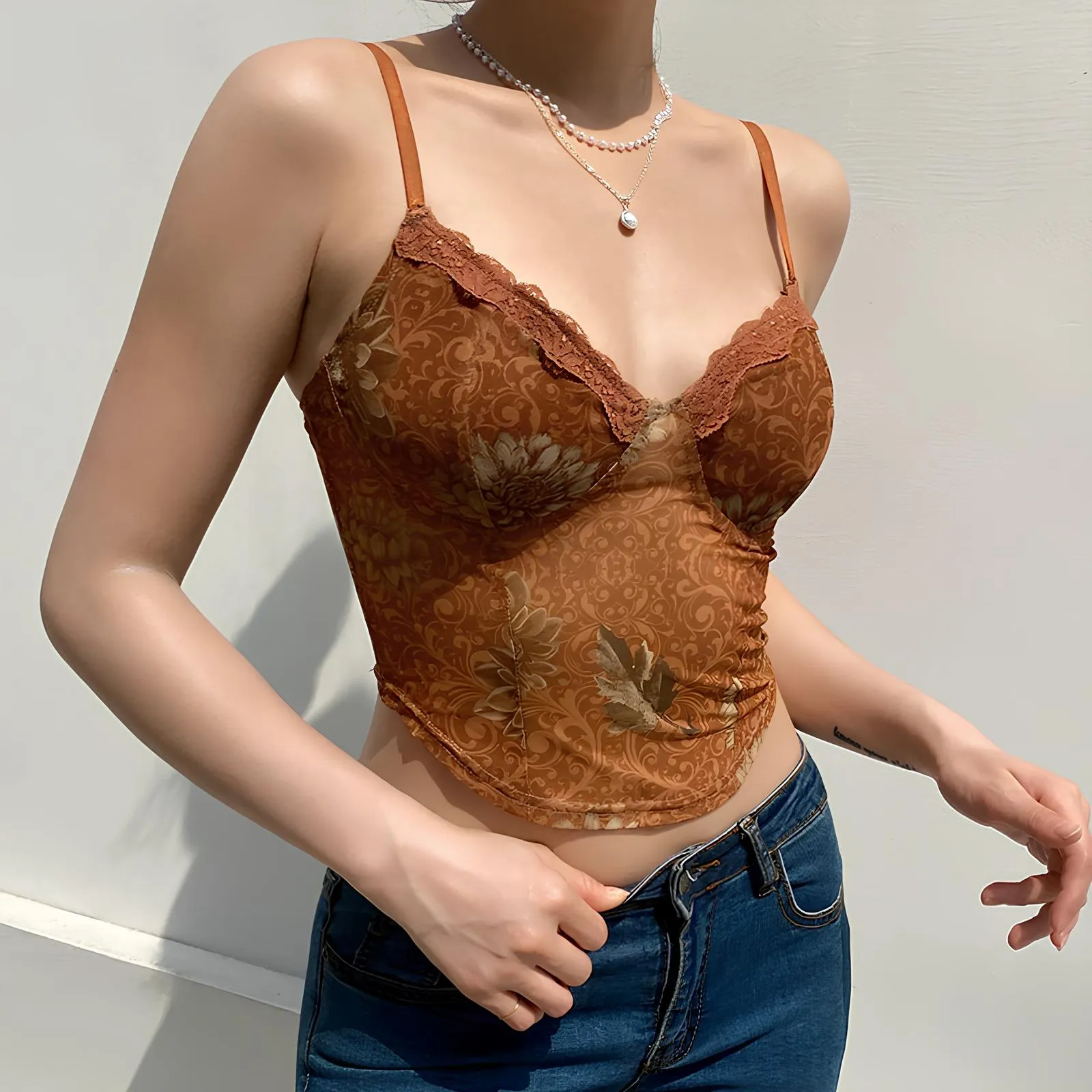 Leaves Printed Lace Patchwork Mesh Crop Top