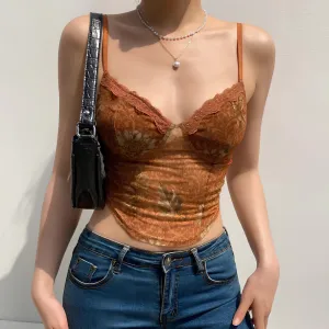 Leaves Printed Lace Patchwork Mesh Crop Top