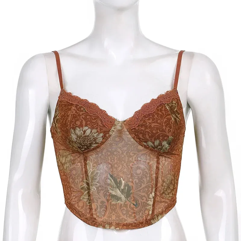 Leaves Printed Lace Patchwork Mesh Crop Top