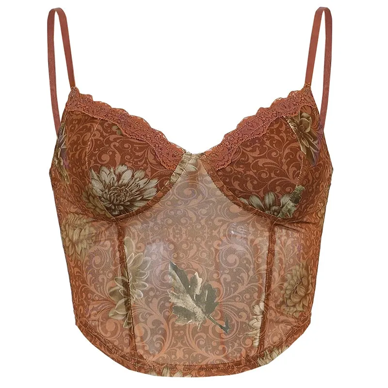 Leaves Printed Lace Patchwork Mesh Crop Top
