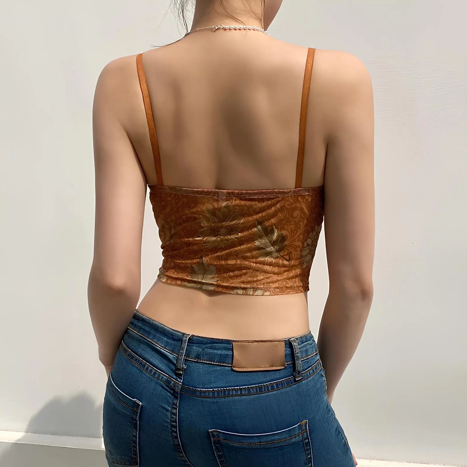 Leaves Printed Lace Patchwork Mesh Crop Top