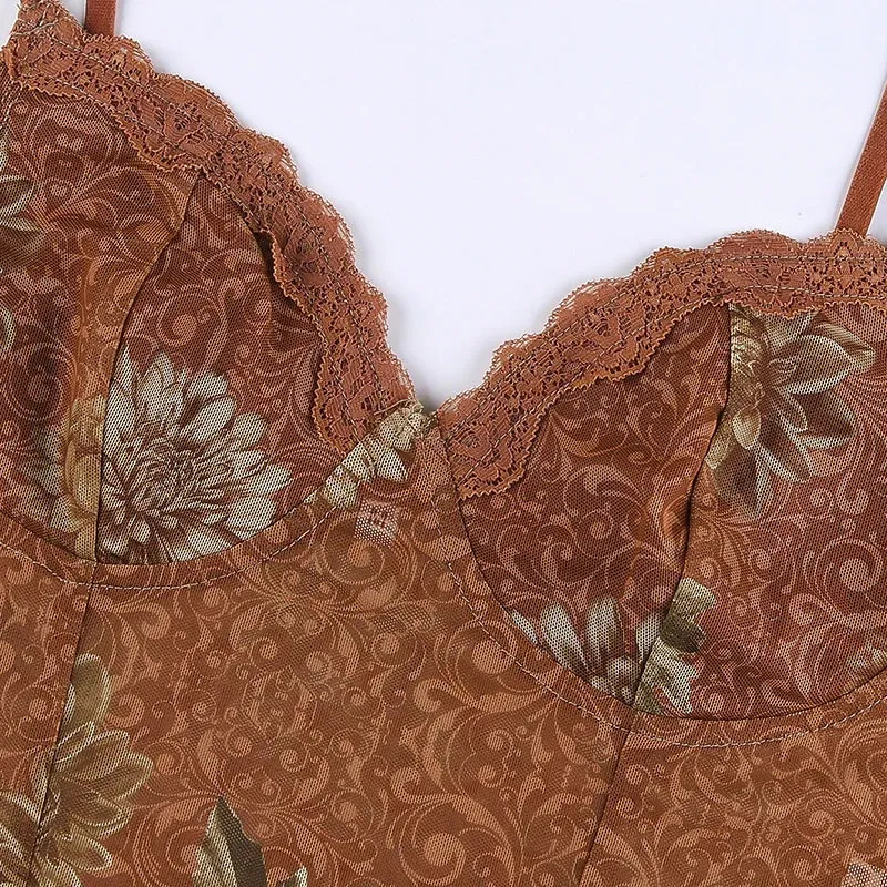 Leaves Printed Lace Patchwork Mesh Crop Top