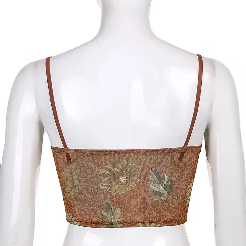 Leaves Printed Lace Patchwork Mesh Crop Top