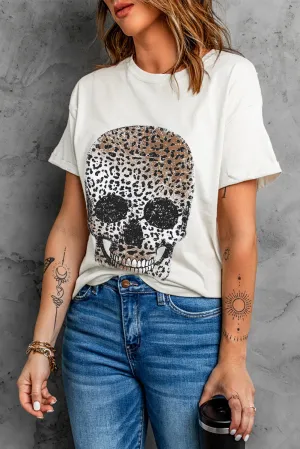 Leopard Skull Graphic White T Shirt