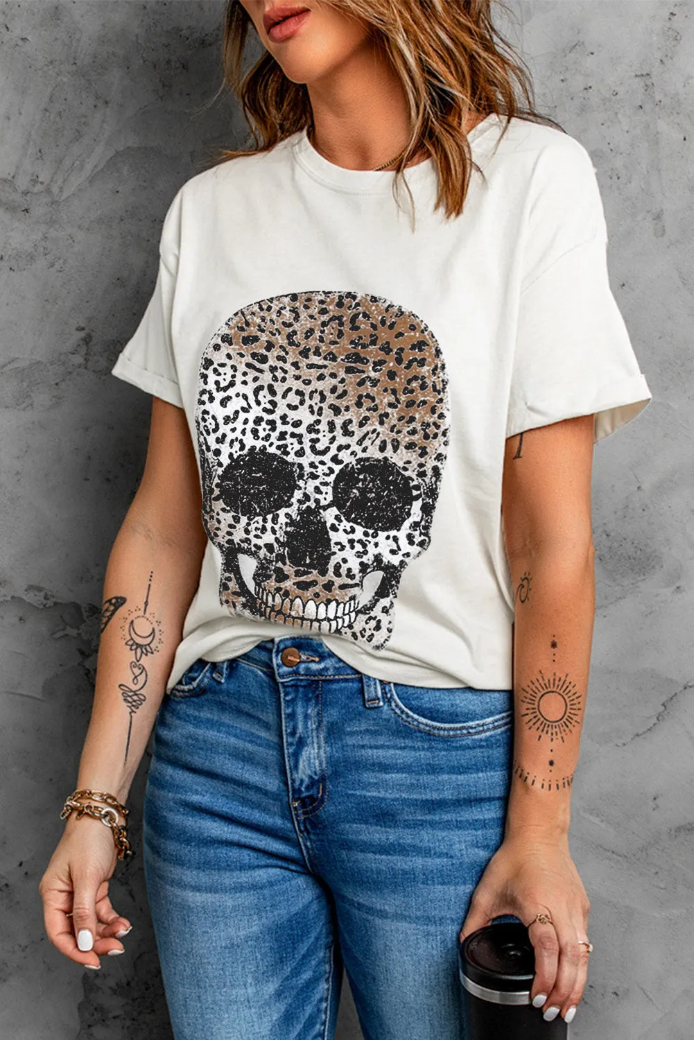 Leopard Skull Graphic White T Shirt