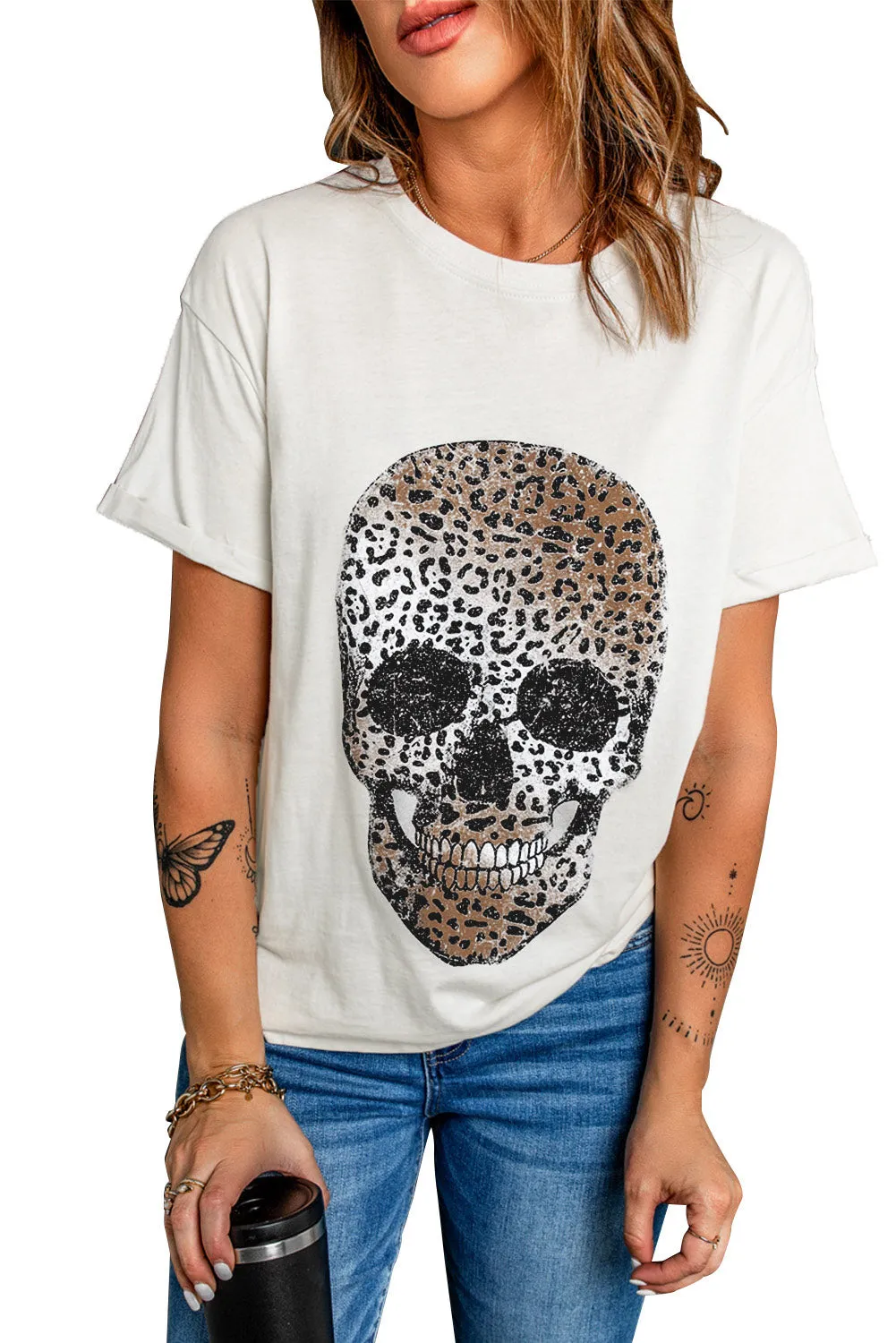 Leopard Skull Graphic White T Shirt