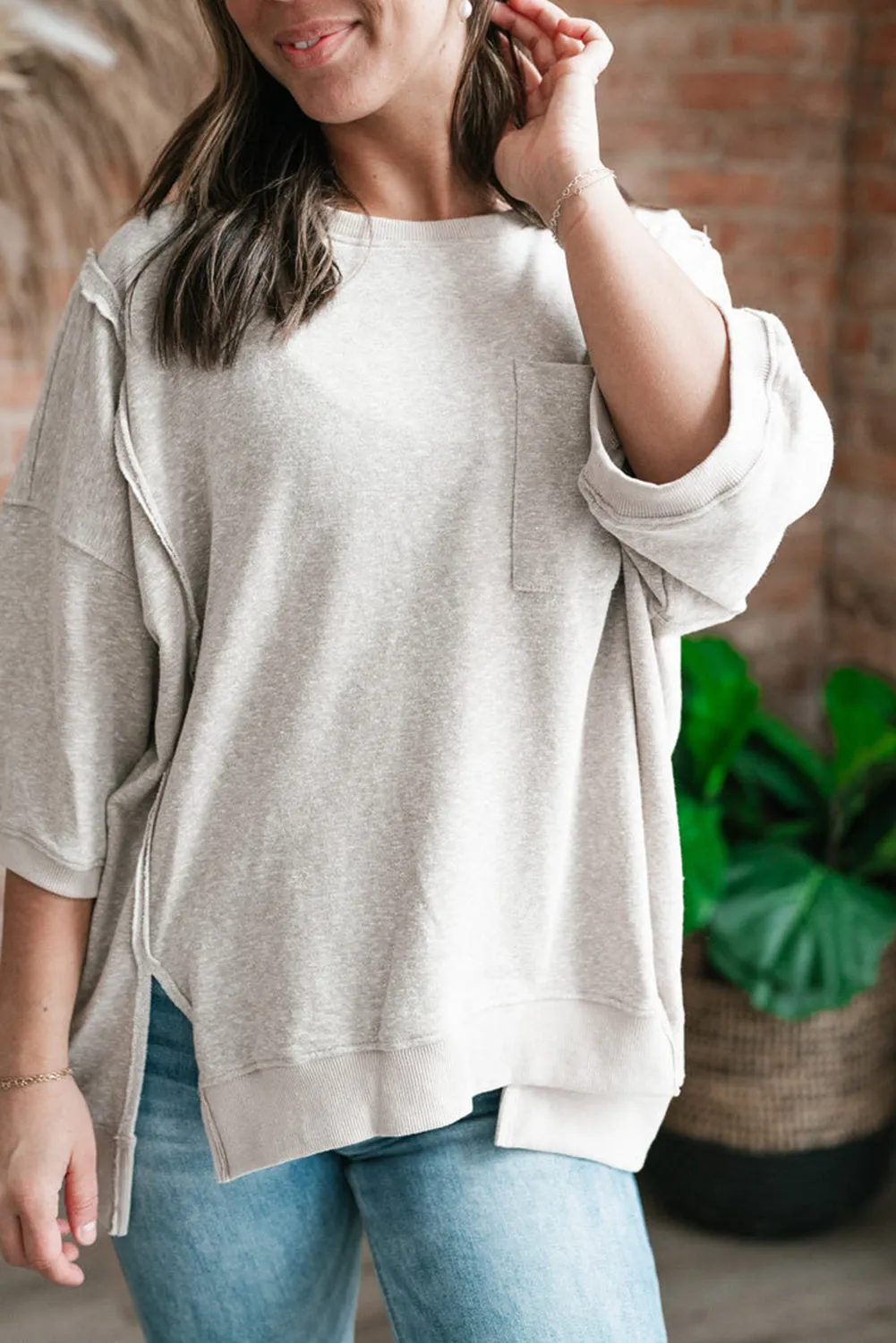Light Grey Exposed Sea Chest Pocket Split Loose T Shirt