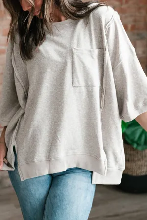 Light Grey Exposed Sea Chest Pocket Split Loose T Shirt