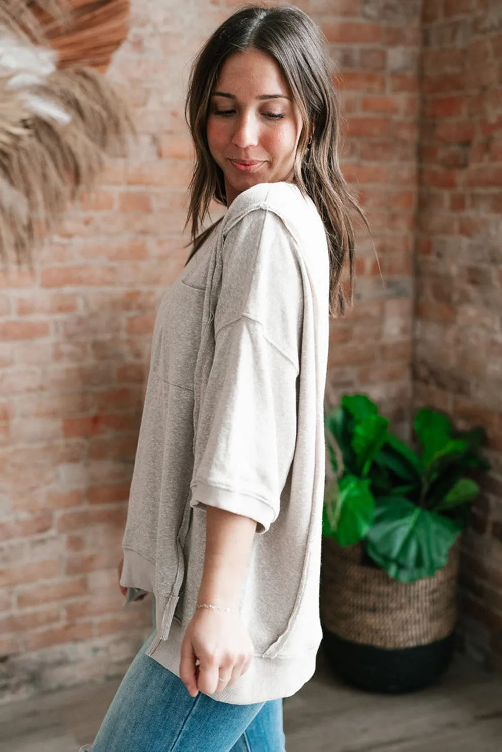 Light Grey Exposed Sea Chest Pocket Split Loose T Shirt