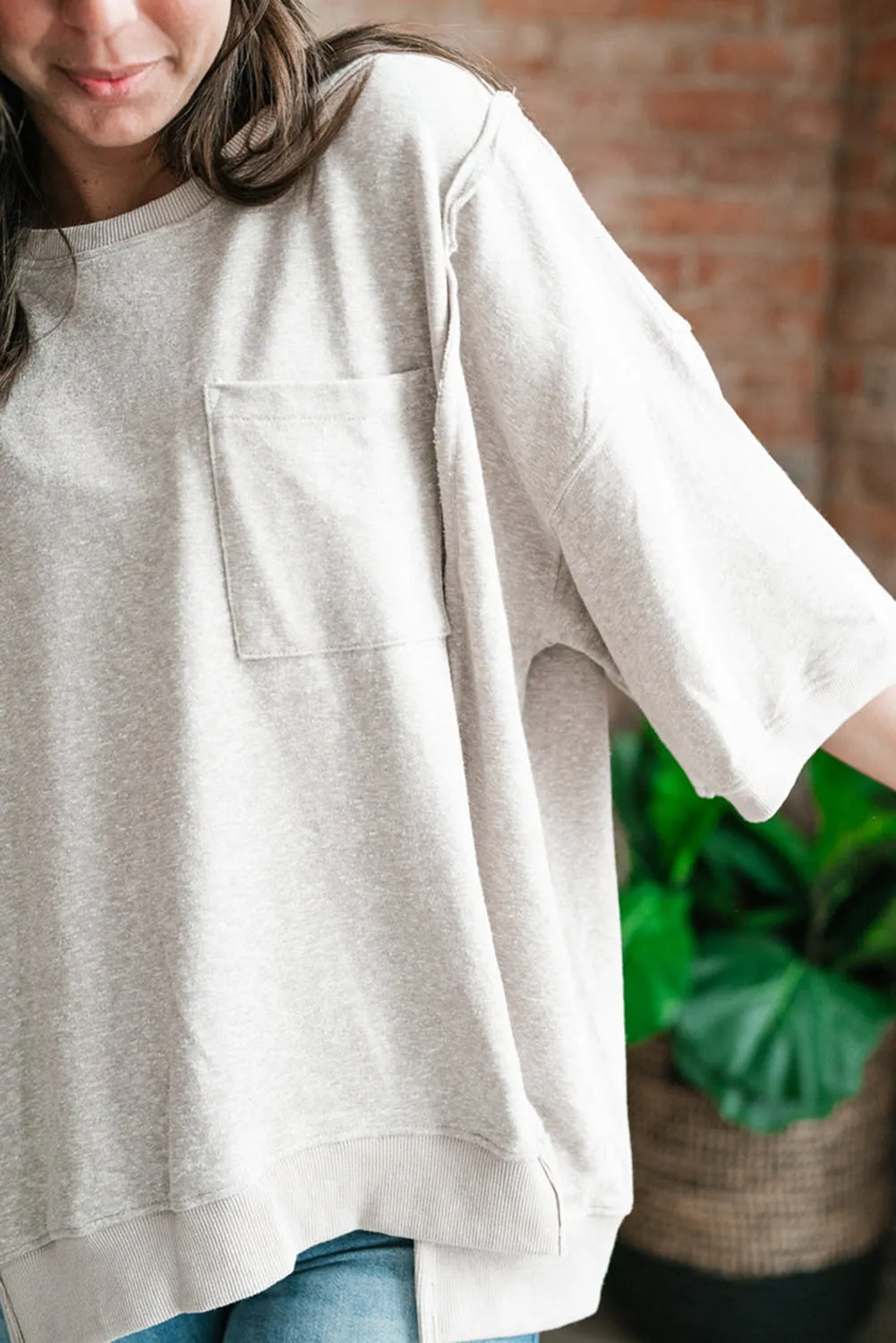 Light Grey Exposed Sea Chest Pocket Split Loose T Shirt