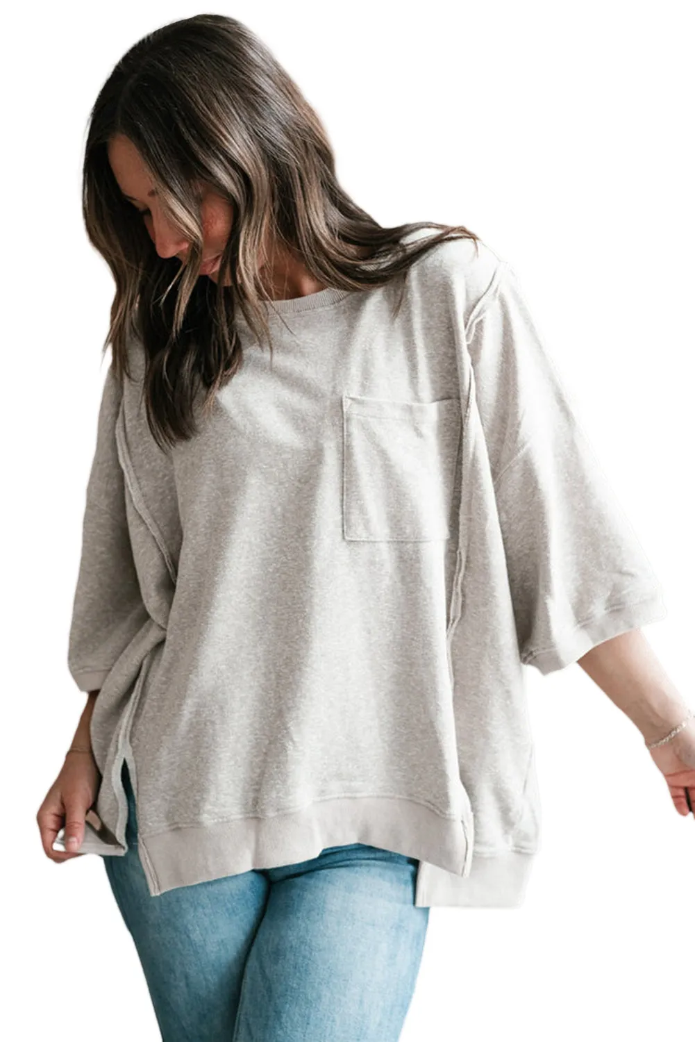Light Grey Exposed Sea Chest Pocket Split Loose T Shirt