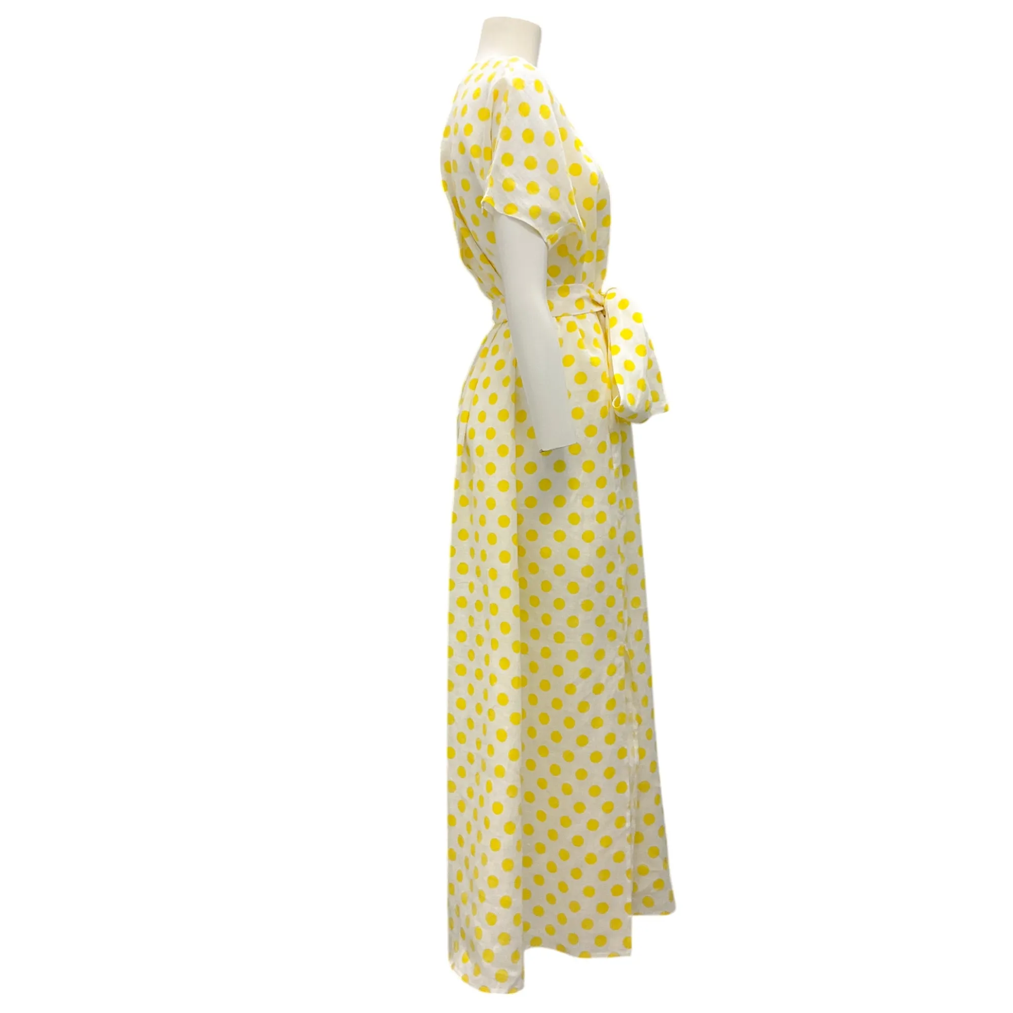 Lisa Marie Fernandez White / Yellow Polka Dot Patterned Belted Linen Maxi Dress