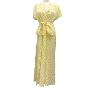 Lisa Marie Fernandez White / Yellow Polka Dot Patterned Belted Linen Maxi Dress