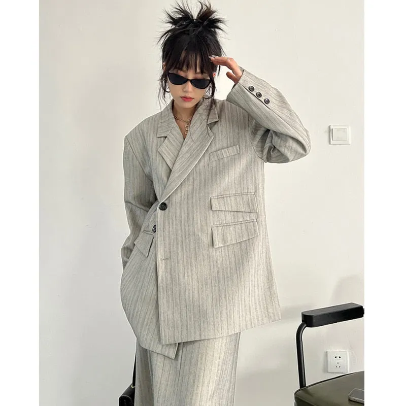 Long Sleeve Over Sized Two Piece Striped Business Suit for Women
