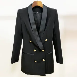 Long Sleeve Satin Collar Double Breasted Lion Buttons Notched Blazer Dress