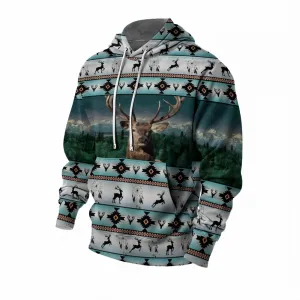 Men's Elk Landscape Printed Long Sleeve Fleece Hoodie 2409010439