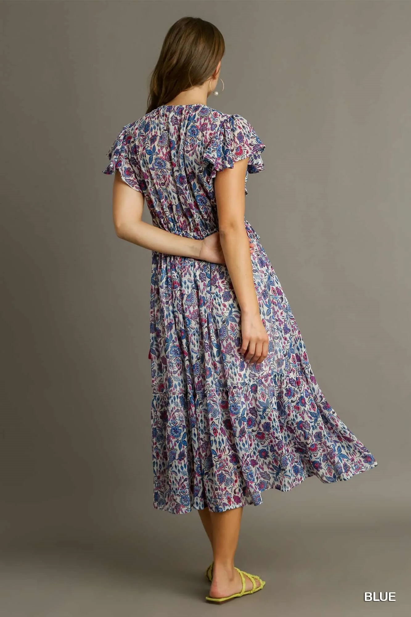Metallic Floral Print V-Neck Maxi Ruffle