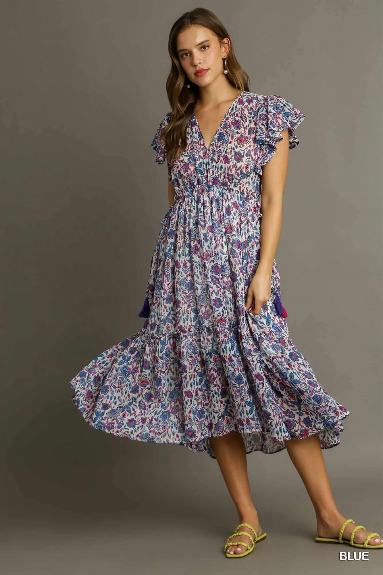 Metallic Floral Print V-Neck Maxi Ruffle