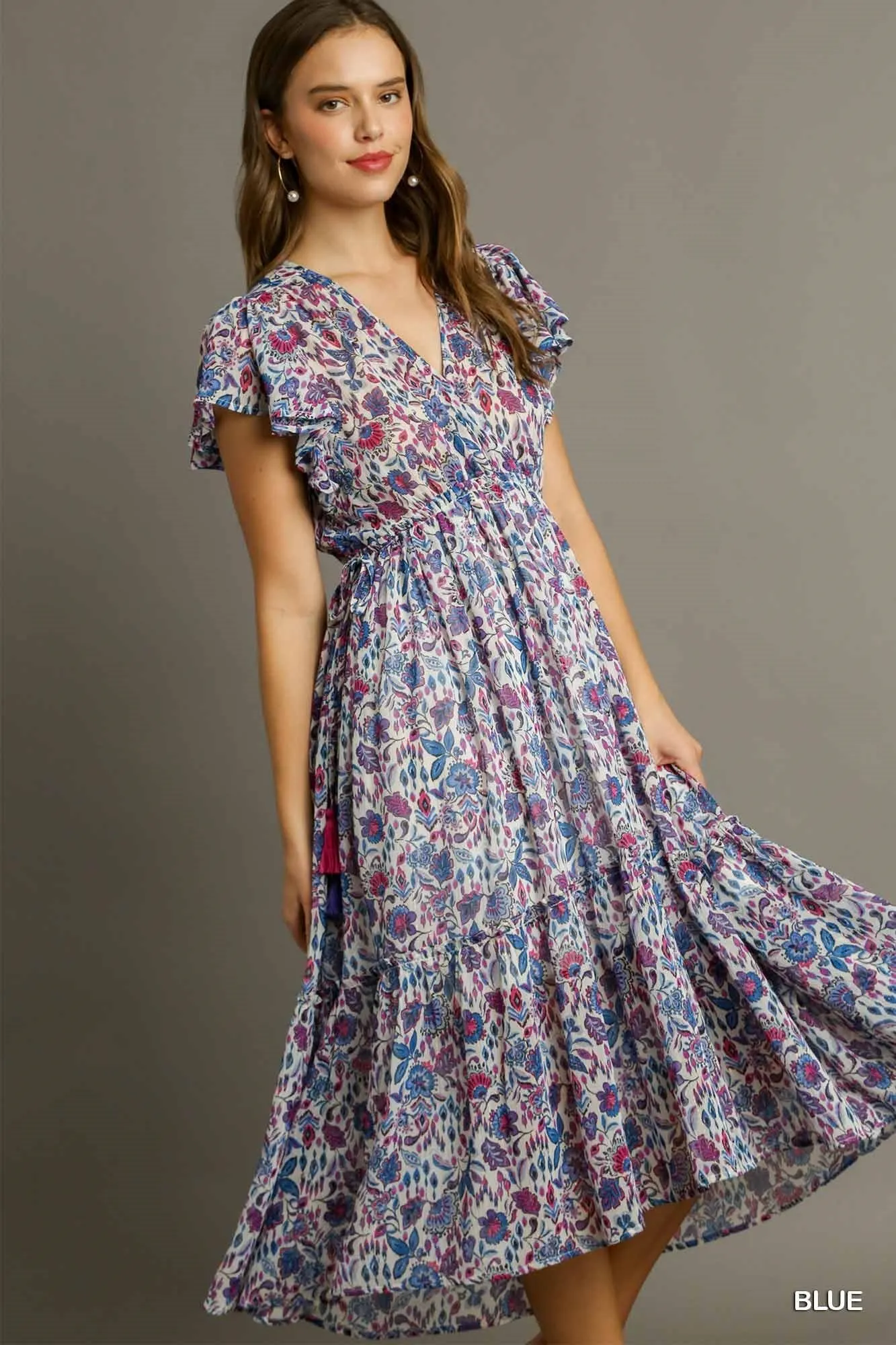Metallic Floral Print V-Neck Maxi Ruffle