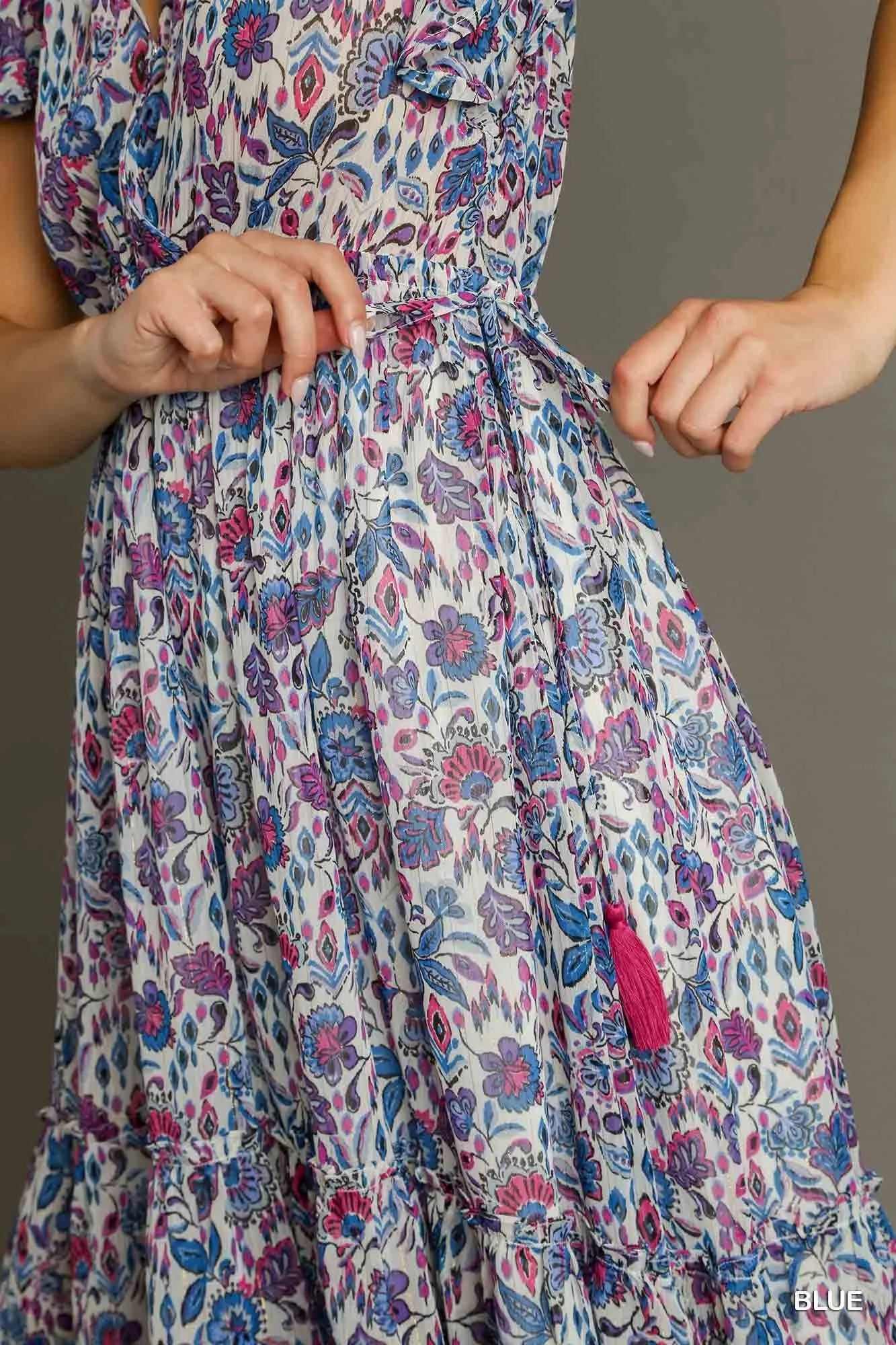 Metallic Floral Print V-Neck Maxi Ruffle