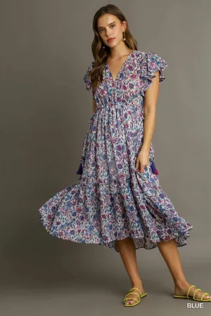 Metallic Floral Print V-Neck Maxi Ruffle