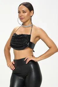 METALLIC SEQUIN CHAINMAIL HALTER BRALETTE TOP