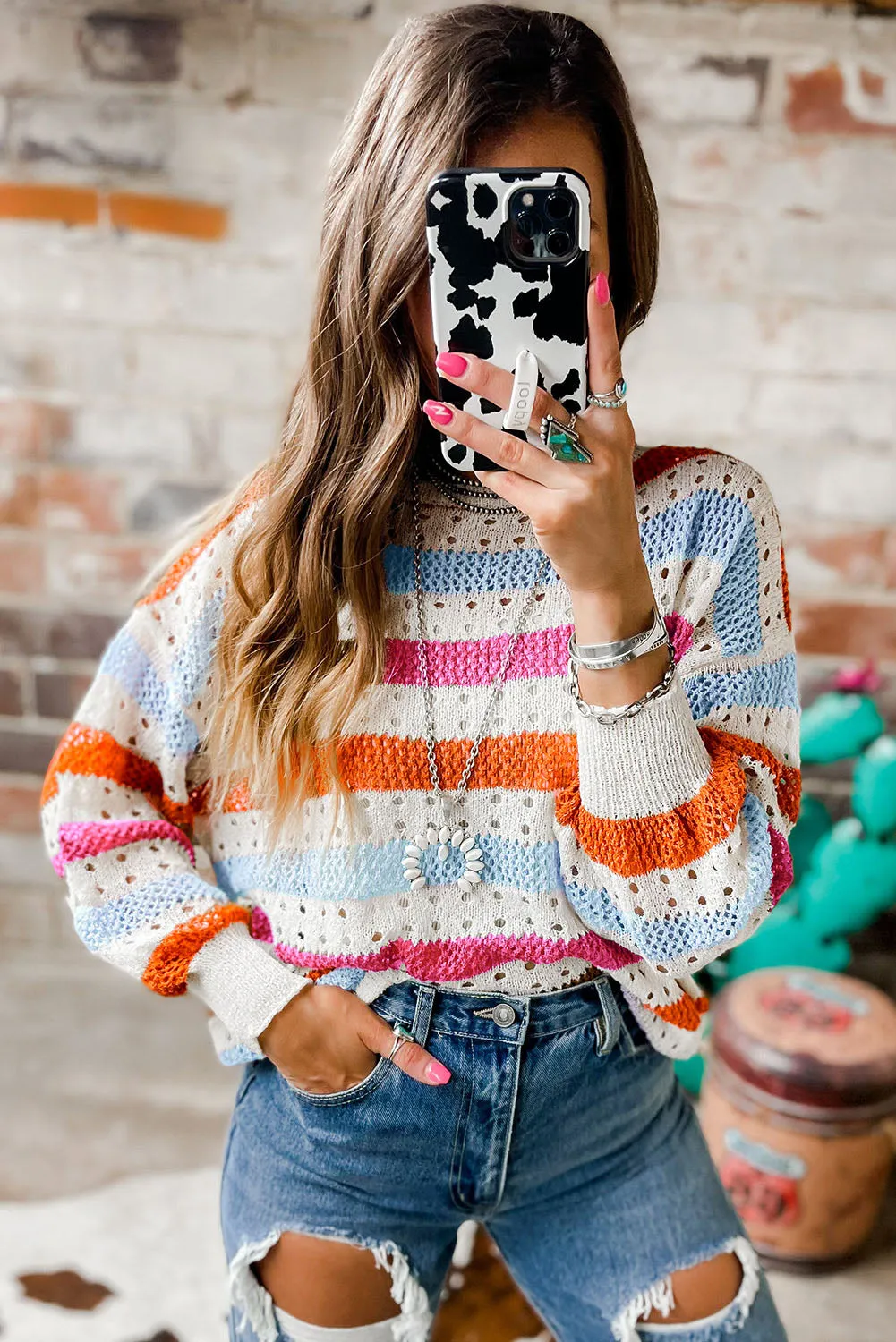 Multicolour Multicolor Striped Hollowed Knitted Loose Sweater