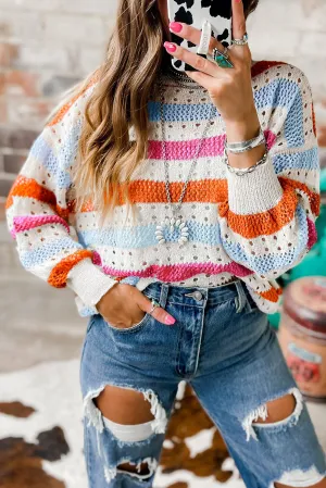 Multicolour Multicolor Striped Hollowed Knitted Loose Sweater
