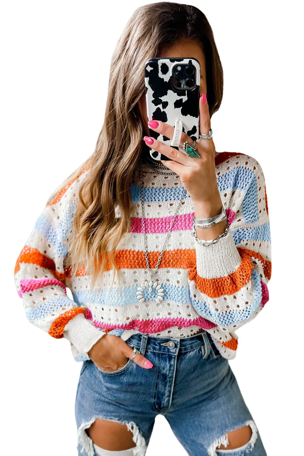 Multicolour Multicolor Striped Hollowed Knitted Loose Sweater