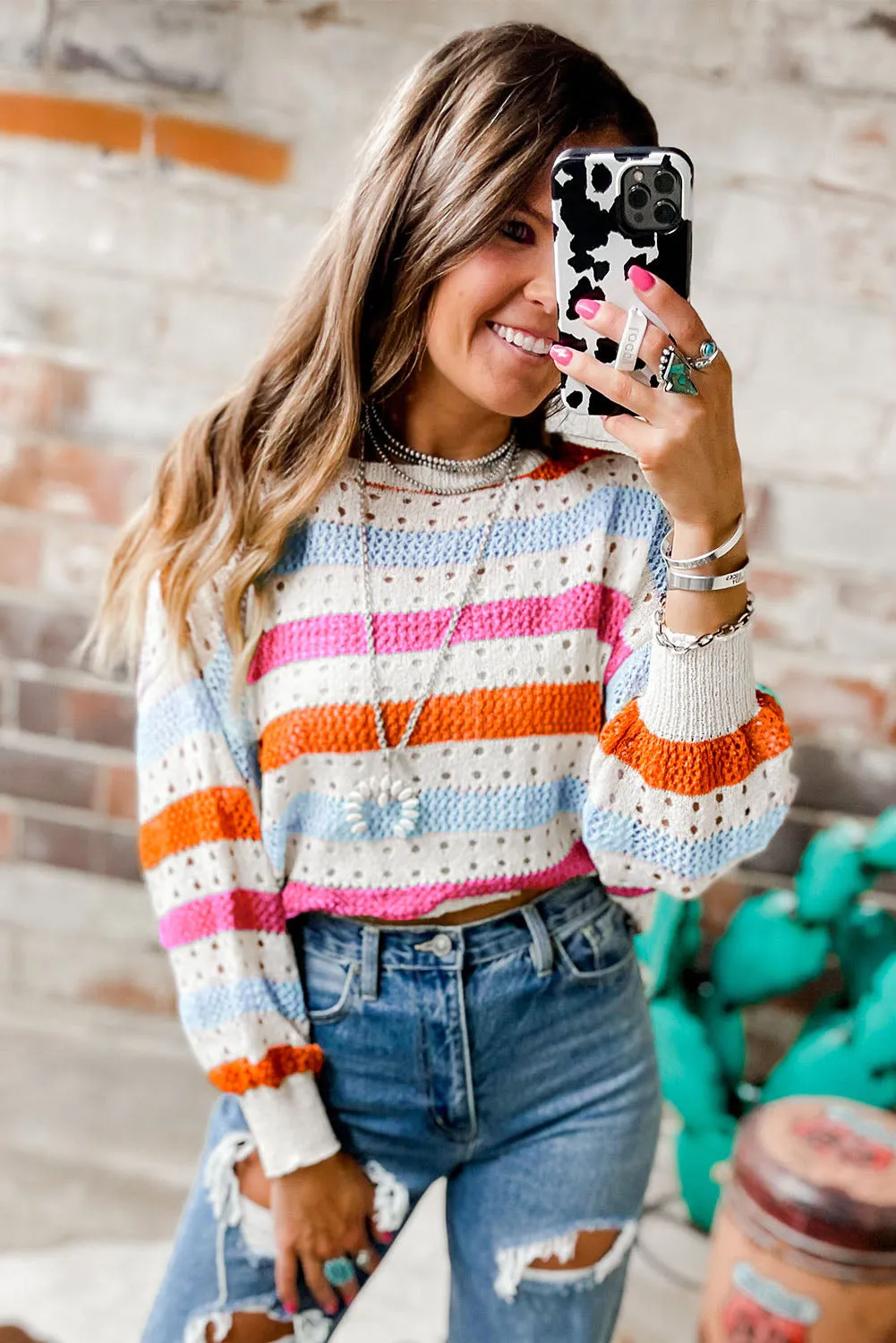Multicolour Multicolor Striped Hollowed Knitted Loose Sweater