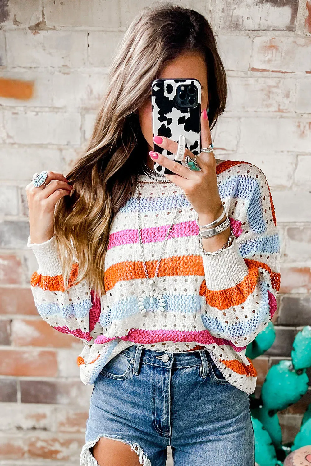Multicolour Multicolor Striped Hollowed Knitted Loose Sweater
