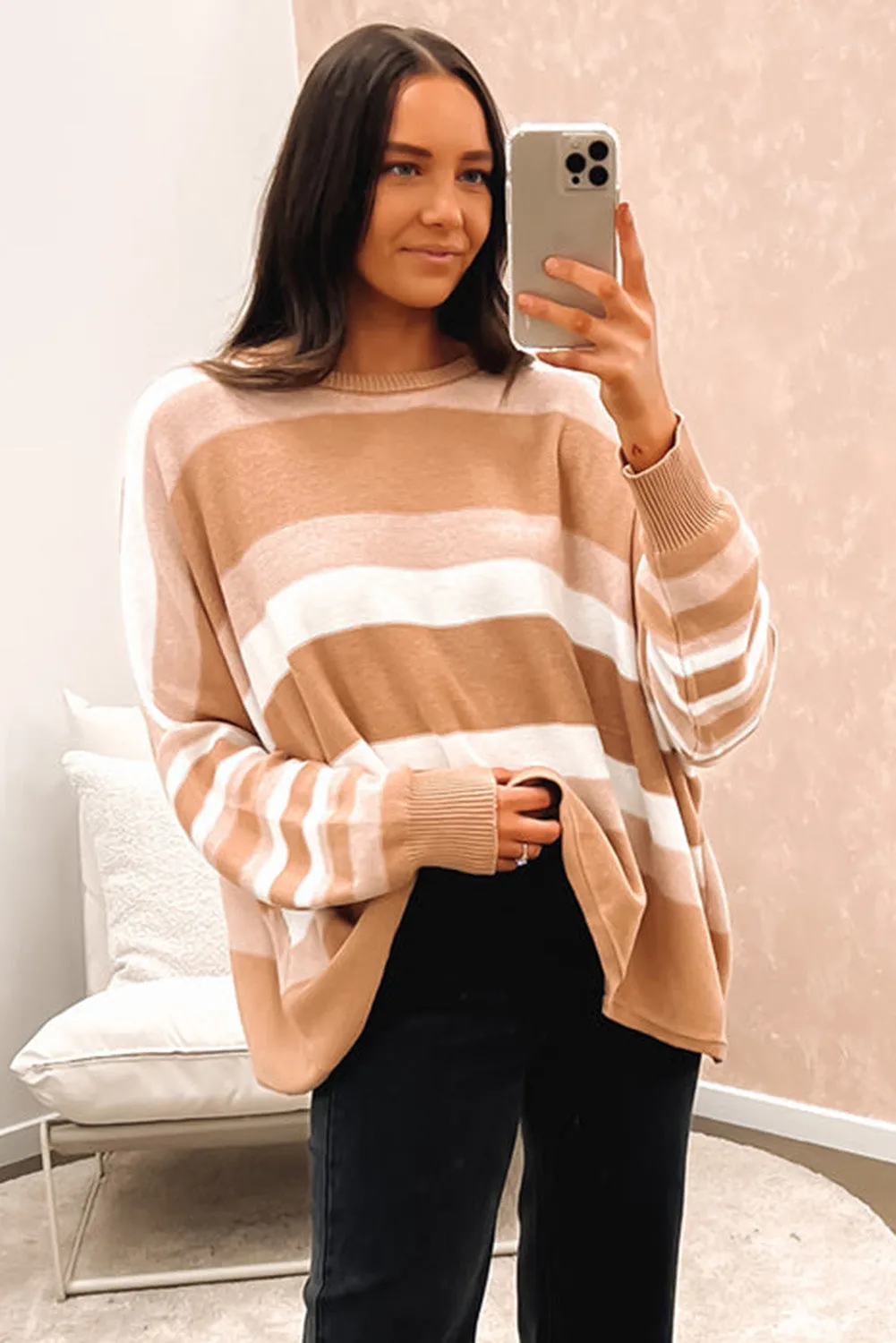 Multicolour Striped Knit Drop Shoulder Loose Sweater