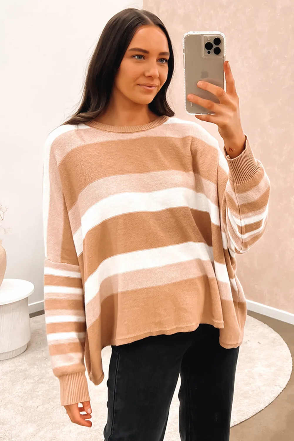 Multicolour Striped Knit Drop Shoulder Loose Sweater