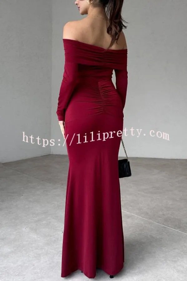 Naia Off Shoulder Long Sleeve Metal Buckle Adjustment Drape Stretch Maxi Dress