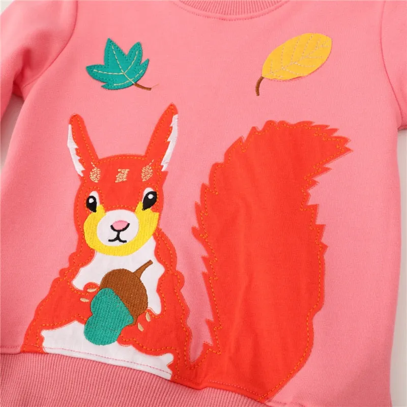 New Arrival Girls Bird Squirrel Unicorn Applique Cotton Sweatshirts - Orange, Pink, Navy