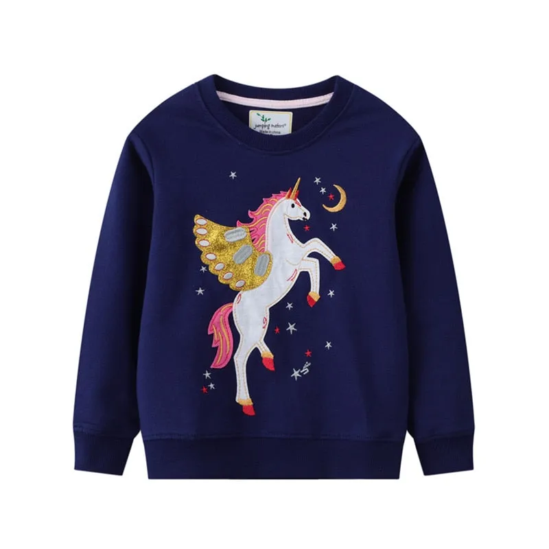 New Arrival Girls Bird Squirrel Unicorn Applique Cotton Sweatshirts - Orange, Pink, Navy