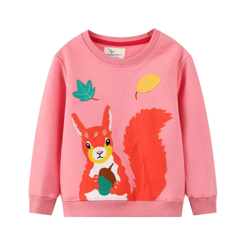 New Arrival Girls Bird Squirrel Unicorn Applique Cotton Sweatshirts - Orange, Pink, Navy