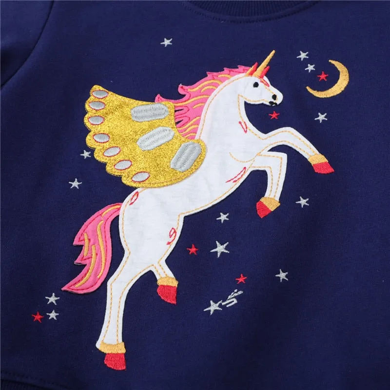 New Arrival Girls Bird Squirrel Unicorn Applique Cotton Sweatshirts - Orange, Pink, Navy