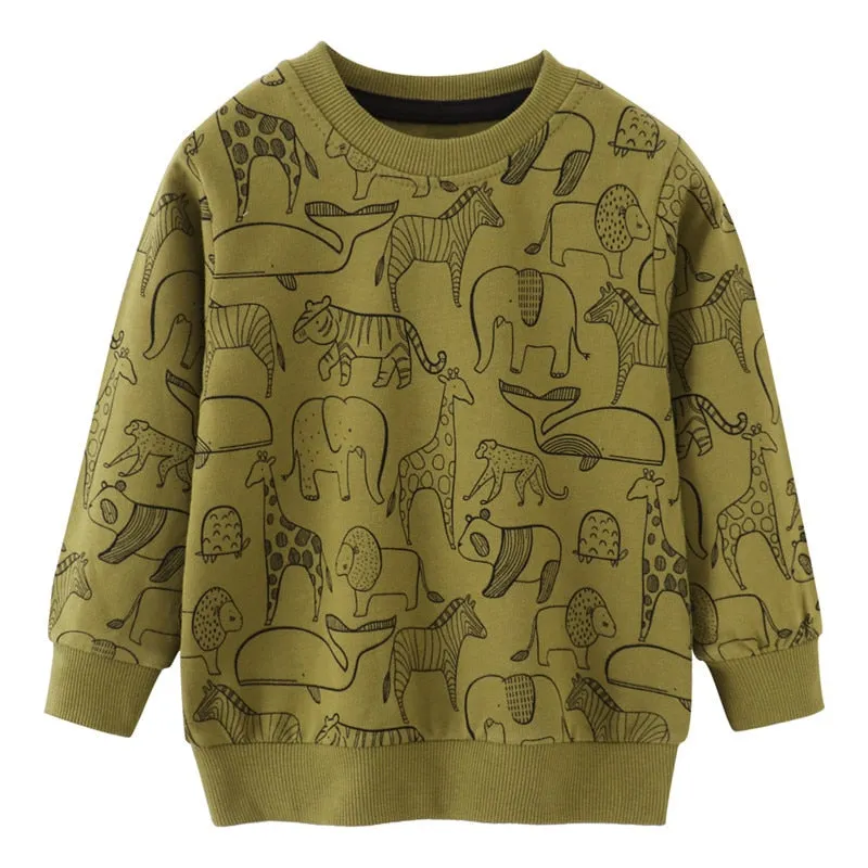 New Arrival  Kids Cartoon Animals Print Long Sleeve Cotton Sweatshirt - Letters, Olive, Green