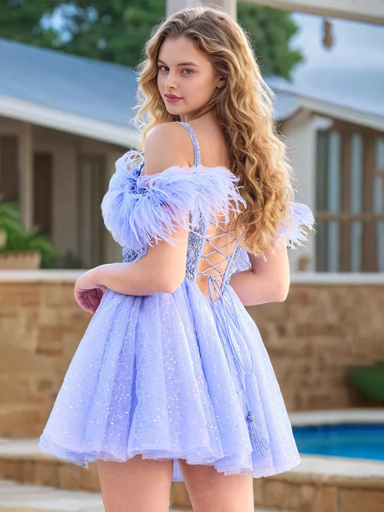 New Arrival Off-the-shoulder Mini Homecoming Dresses with Feathers