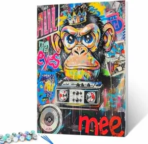 NEW Tucocoo Graffiti Monkey Paint by Number for Adults, Easy DIY Painting Kits on Canvas with Brushes and Acrylic Pigment, Colorful Street Art Radio Picture for Home Decor 16x20 inch (Frameless)